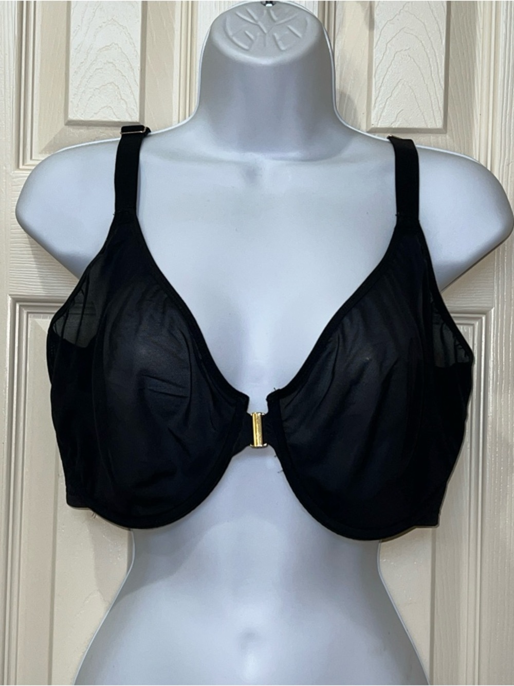 Front-Closure Sheer Black Underwire Bra with Gold Accent